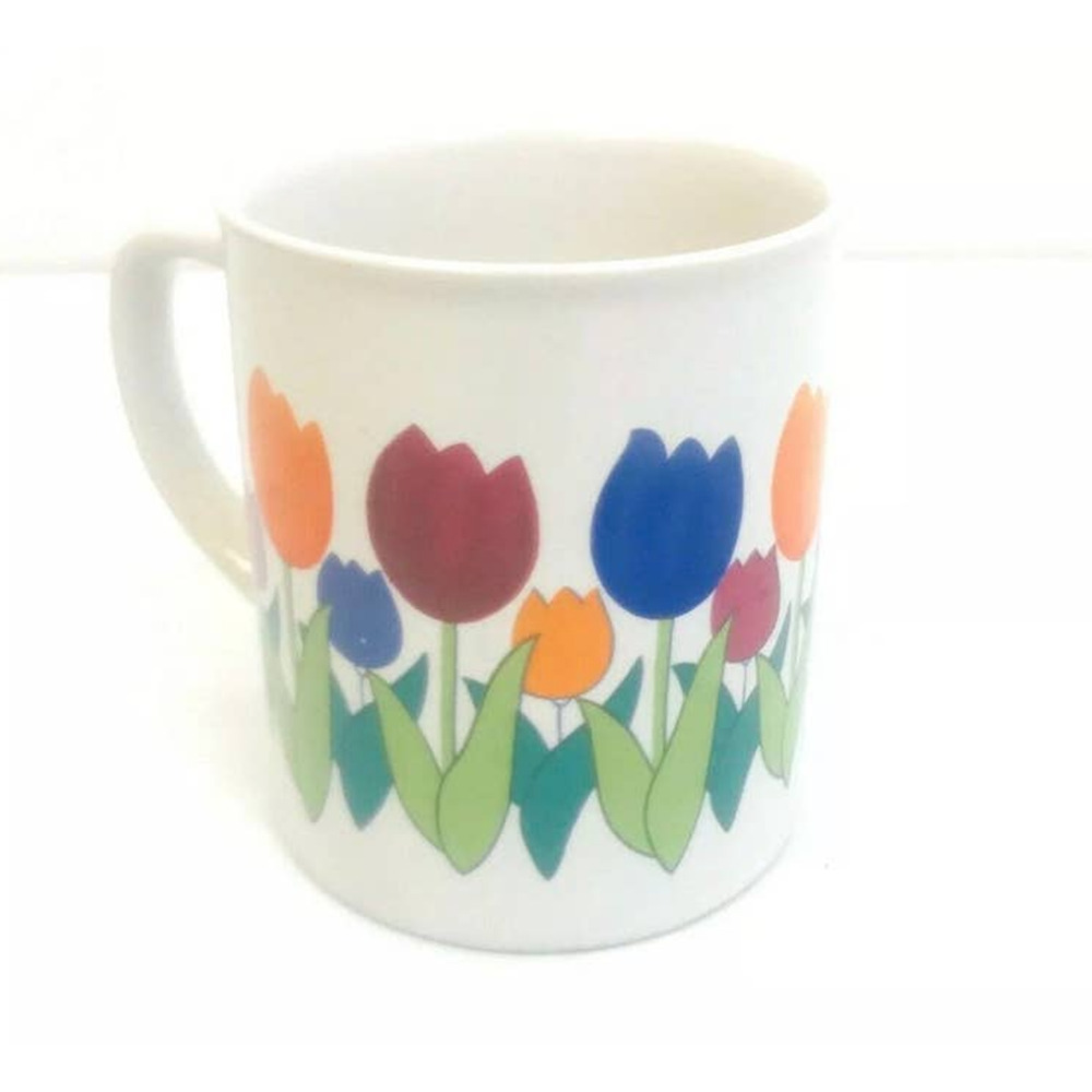 Vintage Coffee Mug Tulips Spring Flowers Cup Blue Red Green Yellow